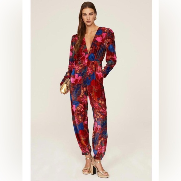 Farm Rio Dresses & Skirts - NWOT Farm Rio Floral Velvet Print V-Neck Jumpsuit with Pockets- Size Large